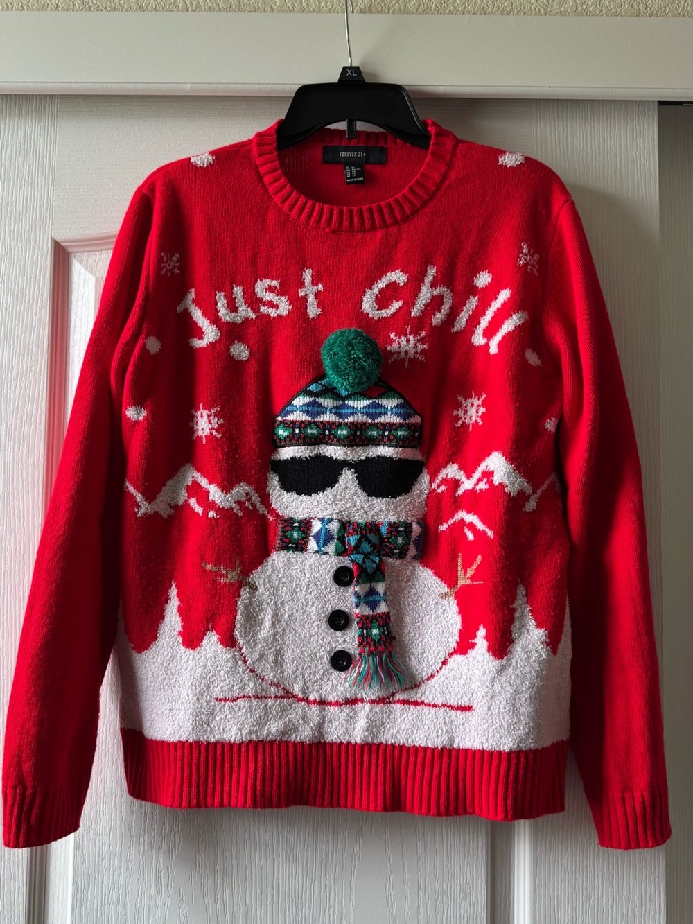 Forever 21 Red Snowman 'Just Chill' Crewneck Sweater with Multicolor Accents